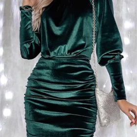 Women's Fall Velvet Dress Solid Color Round